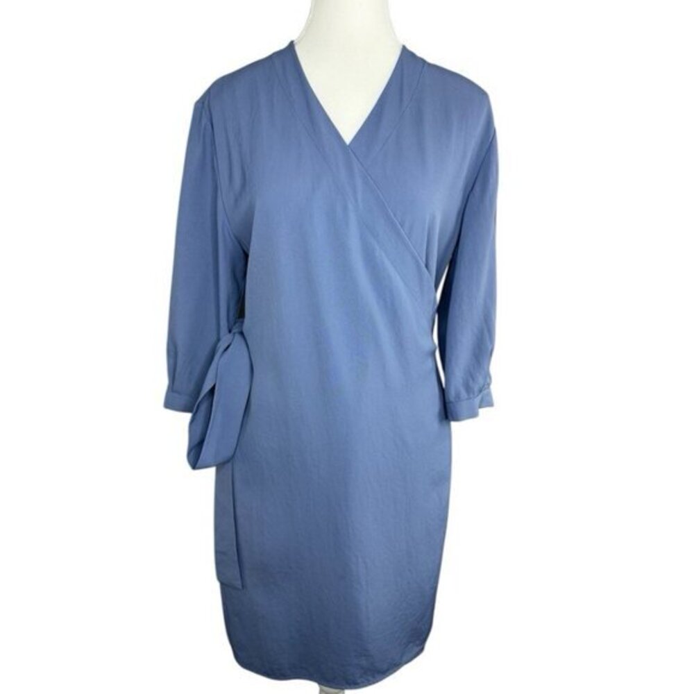 Everlane Japanese GoWeave Wrap Dress Dusty Blue Size 4 3/4 Sleeve V-Neck Mini